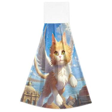 Imagem de Toalhas de cozinha Cat Angel Wings com laço para pendurar toalha de banheiro altamente absorvente decoração de cozinha moderna conjunto de 2, 18,2 x 14 polegadas