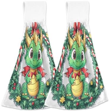 Imagem de TSENQUE Toalha de cozinha de mão personalizada com laço para pendurar guirlanda de Natal dragão verde conjunto de 2 toalhas de cozinha de outono ultra absorventes verdes vermelhas fofas, 46 x 35 cm