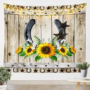 Imagem de Tapeçaria de Ferradura Girassol Plantas Cobertor de Parede Estilo Casa de Fazenda Rústico Arte de Parede para Crianças Meninas Meninos Mulheres Decoração de Quarto Romântico Cowboy Estrela Cinza