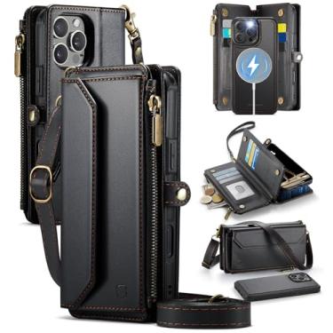 Imagem de Strapurs Capa carteira removível para iPhone 13 Pro Max compatível com Magsafe, suporte de 9 cartões com bloqueio de RFID, alça de zíper, cordão de couro PU, capa magnética para celular para iPhone 13