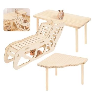Imagem de Plataforma de jogo de hamster de madeira de 3 peças, plataforma de madeira para brincar de hamster com abrigo de túnel de rampa, esconderijo de hamsters, ponte de escada de escalada, acessórios de