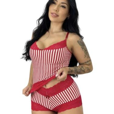 Imagem de Short Doll Adulto Feminino Pijama Curto Estampado c/ Renda Luxo Baby D