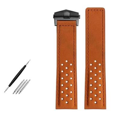 Imagem de AHGDDA Pulseira de relógio de couro genuíno de 22 mm para relógios de pulso masculinos TAG HEUER MONACO Series Pulseira de relógio de fivela dobrável Nubuck (marrom claro, preto)