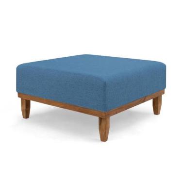 Imagem de Pufe Decorativo 75x75 Com Rodapé Madeira Sara - Due Decor, Linho Azul