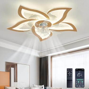 Imagem de Ventilador de teto para quarto com luzes LED, dimerizáveis, com memória, silencioso, reversível, 6 velocidades, com lâmpadas, controle remoto e timer, 65 cm (25,5 pol.) - Acabamento em madei