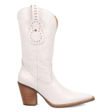 Imagem de Dingo Bota feminina casual Rhythm N' Blues floral em relevo cravejado bico fino salto médio 5-7,6 cm - branca, Branco, 36