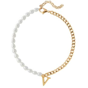 Imagem de Wellike Colar de corrente de meia pérola, meia Cuba, com iniciais, aço inoxidável, PVD, pingente de ouro 18K, gargantilha grossa de ouro com caixa de presente, Standard, Pérola, Pérola de vidro