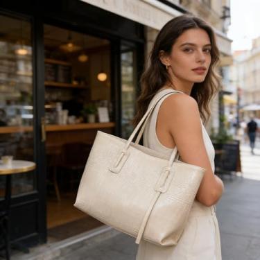 Imagem de Bolsa balde média branca, bolsa de mão moderna de cor sólida, bolsa de ombro chique para mulheres, encontros românticos, jantares, jantares, hangout diário