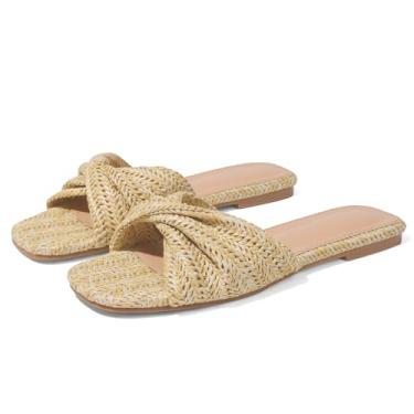 Imagem de EQAUDES Sandálias rasteiras femininas Raffia com tecido de palha trançadas e torcidas - verão, bico aberto, praia, conforto, elegante, Damasco, 37