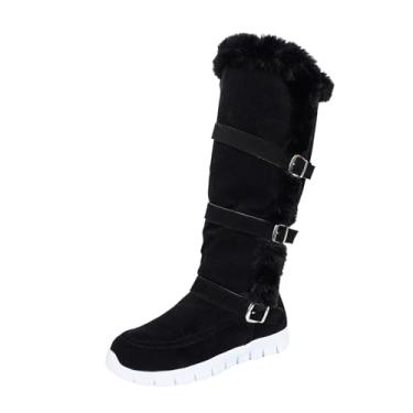 Imagem de Botas femininas de cano médio com forro de lã com fivela de cinto para outono inverno estilo casual quente, Preto, 38
