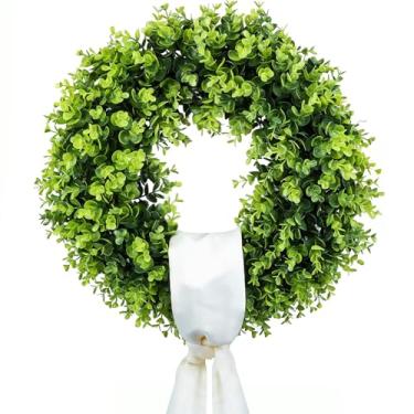 Imagem de Guirlanda de eucalipto de 50 cm para porta da frente com placa de boas-vindas e faixa - guirlanda de fazenda ao ar livre, guirlanda verde artificial de folhagem completa para varanda, decoração de