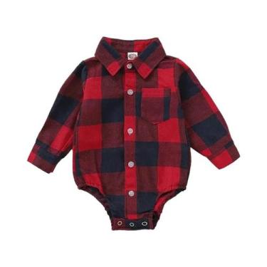Imagem de Macacão De Bebê Menino Em Xadrez Vermelho 0-18 Meses Manga Longa Moda 