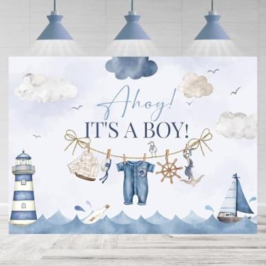Imagem de Rsuuinu 2,1 x 1,5 m Ahoy It's A Boy Pano de fundo para chá de bebê, roupas náuticas, azul marinho, âncora, fotografia, fundo para crianças, meninos, decoração de festa para chá de bebê, faixa de mesa