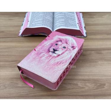 Imagem de Biblia ARC Glitter 100% Leão Rosa bebê com indice e harpa - Cpp