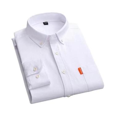 Imagem de Camisa Oxford Branca Masculina 100% Algodão Manga Longa Gola Dobrável 