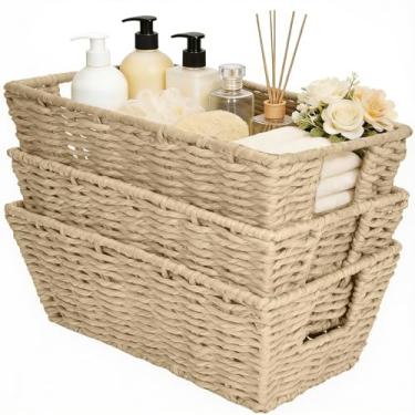 Imagem de Cestas de armazenamento de corda de papel para organização de prateleiras, cesta organizadora de vime tecida à mão pequena com alça para armazenamento de papel higiênico de banheiro, bege, pacote com