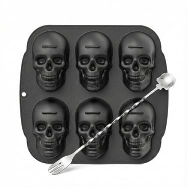 Imagem de Conjunto de moldes de silicone de caveira e palitos de coquetel. Assadeira de caveira 3D de grau alimentício para bolos, gelo e mousse, resistente ao calor, inclui garfo de colher de barra de aço