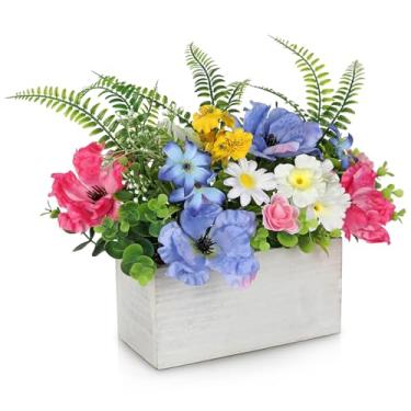 Imagem de Briful Mesa de centro de arranjos florais, flores artificiais em vaso de madeira, flores de seda para decoração de casa, decoração de mesa de fazenda de primavera verão para mesa de jantar, mesa de