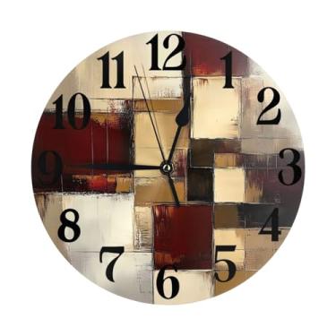 Imagem de LFICRTAN Relógio geométrico abstrato bege vinho para sala de estar relógio de parede redondo cozinha 25 cm sem tique-taque silencioso quartzo atômico analógico relógios decorativos quarto