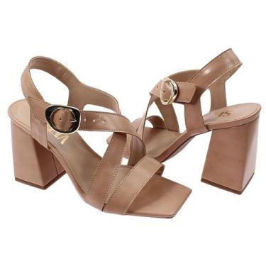 Imagem de Sandália Feminina Véspera Salto Alto Bloco Fivela Tiras Cruzadas Nude 