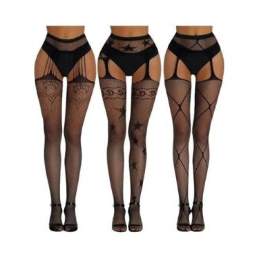 Imagem de Meias-calças Femininas Sensuais De Rede Até a Coxa, 3 Peças, Com Padrã