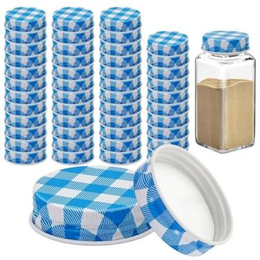Imagem de 48 tampas de pote de ferro para potes quadrados de 113 g e 170 g reutilizáveis latas herméticas de armazenamento de especiarias tampas de conserva para cozinha de boa vedação (grade azul)
