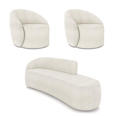 Imagem de Sofá 4 Lugares Orgânico 220cm Morgan e 2 Poltronas Lua Bouclê Off White D03 - D'Rossi