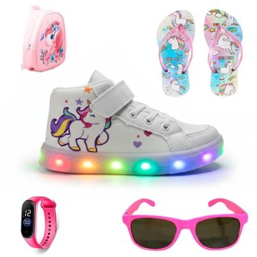 Imagem de Tenis Infantil De Led Botinha Unicornio Meninas Feminino com Mochila Chinelo Oculos e Relogio-Feminino