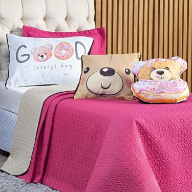 Imagem de Kit Cobre Leito Colcha Solteiro Urso Donuts Pink/caqui Dupla Face Com Almofadas Estampa...