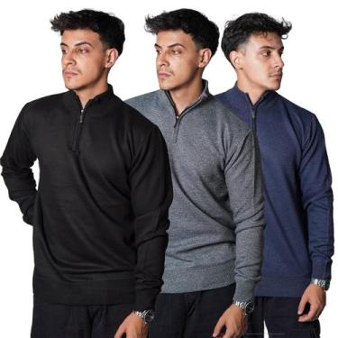 Imagem de Kit 3 Blusas Suéter Meio Zíper com Gola Alta Masculino Manga Longa Inv