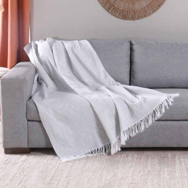 Imagem de Manta Xale Ranna C/ Franja 2,10m x 1,35m Sofá Cama Tecido Jacquard 01 Peça - Cinza - 60% Algodão/ 40% Poliéster
