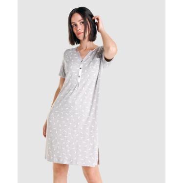 Imagem de Camisola Feminina Manga Curta com Estampa de Plumas Cinza Lohe, Cinza,