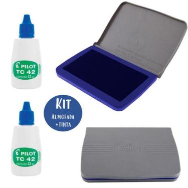 Imagem de Kit Almofada para Carimbo Azul Plástica N3 Pilot + 2 Frascos Tinta TC 