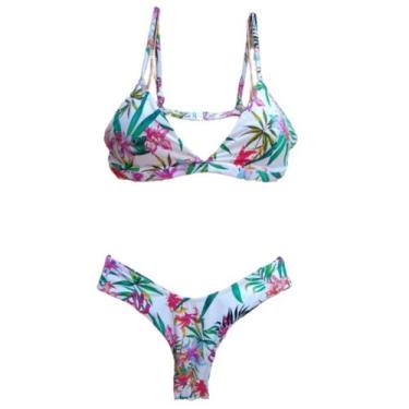 Imagem de Biquíni Branco Florido Feminino Asa Delta Fio Duplo Levanta Bumbum - B