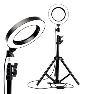 Imagem de Luz de anel de LED com três estágios de selfie regulável com tripé de 170 cm e ajuste de ângulo omnidirecional com suporte de telefone