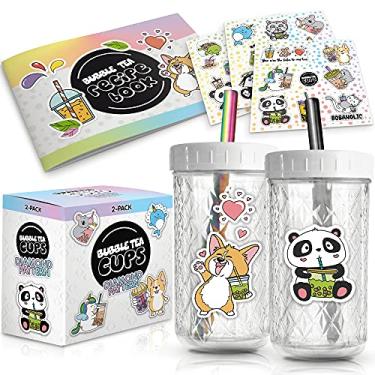 Imagem de Conjunto de 2 xícaras de chá reutilizáveis com bolhas – copos de chá Boba de vidro com estampa de diamante de 600 ml com tampas e canudos – conjunto de presente de chá com bolhas inclui livro de receitas e adesivos – copo Boba reutilizável para chá de leite e smoothie