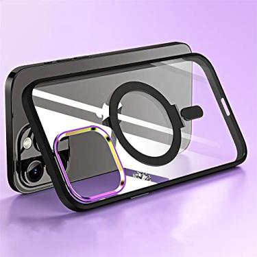 Imagem de Capa de carga magnética sem fio com suporte transparente para iPhone 14 13 12 11 Pro Max Bumper Metal Protetor de Lente Capa, Preto, Para iPhone 11 Pro