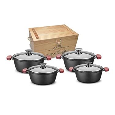 Imagem de MTA - Conjunto de 4 Peças de Caçarolas com Tampa de Vidro e Alças de Silicone, Caixa de Madeira, Linha Ferro Fundido