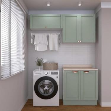 Imagem de Lavanderia Modulada 3 Peças 2 Armários Aéreos 1 Balcão 2 Portas Cabecasa Madeiramadeira Verde Menta/branco