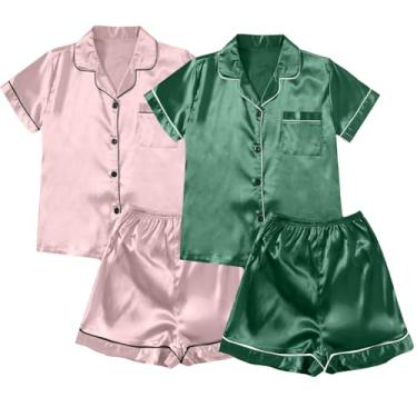 Imagem de Aniywn Conjunto de pijama feminino de cetim de seda com 2 peças, conjunto de pijama com botões e calças, conjunto de pijama macio, A2 - rosa, XXG