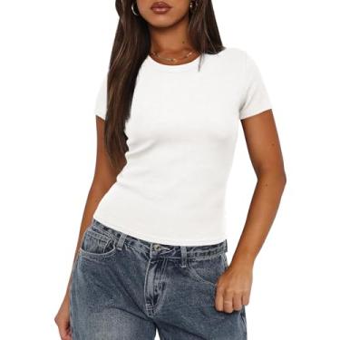 Imagem de Darong Camisetas femininas de verão de manga curta, gola redonda, listradas, coloridas, slim fit, caneladas, básicas, Todo branco, G