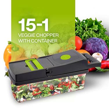 Imagem de Cortador de legumes 15-1 com recipiente – 8 lâminas cortador e fatiador – cesta de drenagem, descascador, separador de ovos e muito mais – cortador de legumes para cebolas, batatas, tomates