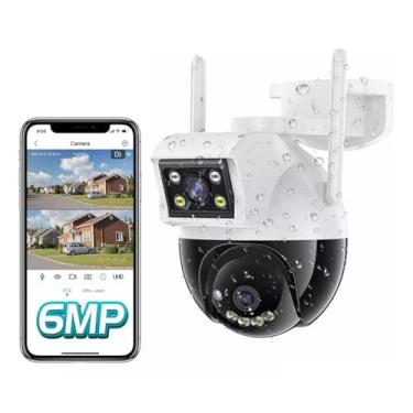 Imagem de Câmera IP Sem Fio de Segurança Externa, HD 6MP 2.5K Câmera de Visão Noturna Infravermelha WiFi, Dupla Lente, IP66 à Prova D'água e à Prova de Poeira, Chamada de Voz Bidirecional (preto)
