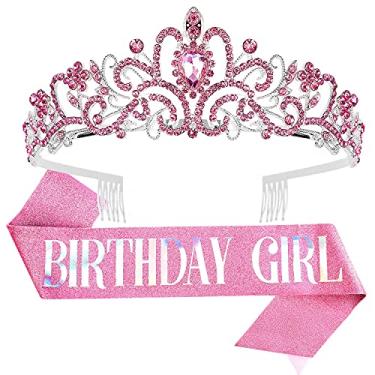 Imagem de Tiara de aniversário para mulheres, tiara para mulheres strass rosa, tiara para meninas de feliz aniversário para mulheres, coroa de menina de aniversário, tiara de princesa de aniversário, tiaras coroas de rainha de aniversário com faixa de aniversário