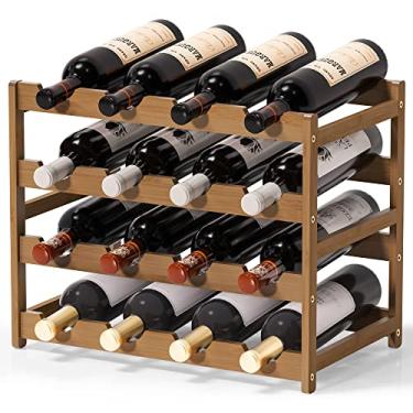 Imagem de Rack de vinho resistente bancada de vinho – Suporte de garrafa de vinho de bambu prateleiras de armazenamento de vinho balcão inserções de suporte de vinho para armário mesa de chão livre organizador de vinho (4 níveis, capacidade para 16 garrafas) nogueira