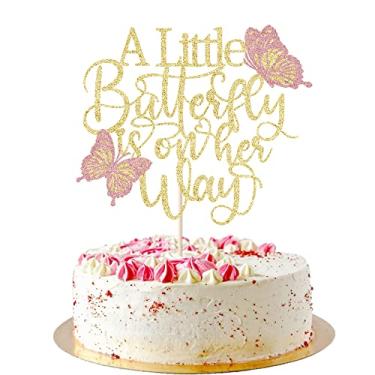 Imagem de AROKIPPRY Topo de bolo A Little Butterfly is on Her Way, decoração de bolo com tema de borboleta, ótimo para chá de bebê, bebê bem-vindo, suprimentos de decoração de festa revelação de gênero (ouro)