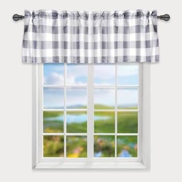 Imagem de Simple Deluxe Cortinas blecaute xadrez búfalo para janelas de cozinha, sala de estar, casa de fazenda, quarto, saia de cortina de cozinha com bolso de haste, 132 cm L x 38 cm C, branco e cinza, novo