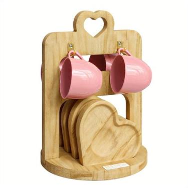 Imagem de Jogo Xicara Café Rosa Porcelana com Pires e Suporte Madeira - Mundo da