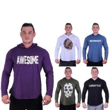 Imagem de Kit 5 Camisetas Manga Longa com Touca Longline Estampada Treino Academia Lazer Casual-Masculino