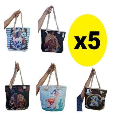 Imagem de Kit 5 Bolsas Ombro Lona c/ Alça de Cordas Estampa Sortida - Lynx produ